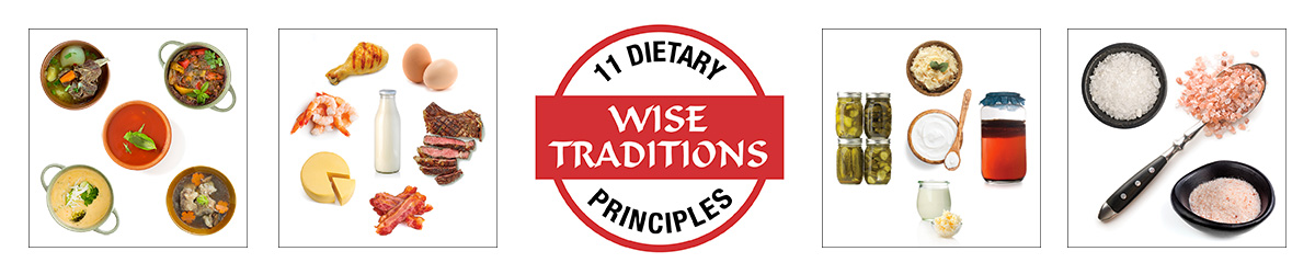 11 dietary principles of wise traditions banner showing nutrient dense foods