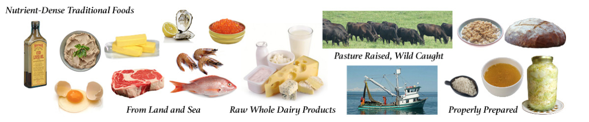 Weston A. Price Foundation header banner foods pictured and described as Nutrient-Dense Traditional Food From Land and Sea Raw Whole Dairy Product Pasture Raised, Wild Caught Properly Prepared
