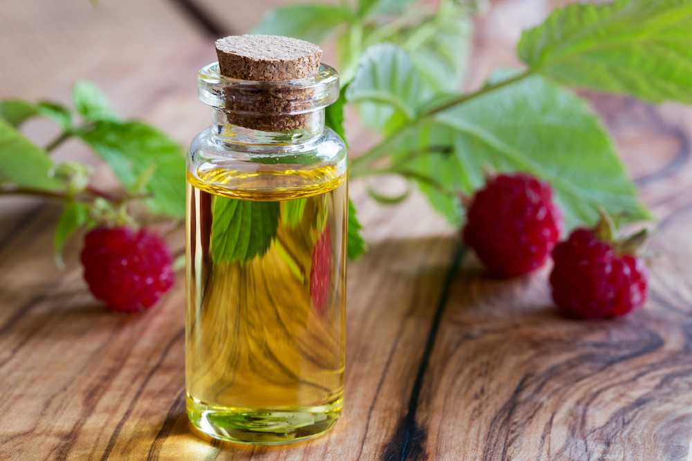 A bottle of raspberry seed oil