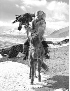 Mongolian women on horseback with eagle