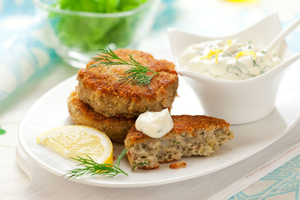 Wild Salmon Fish Cakes with Dill and Lemon Caper Crème Fraîche 